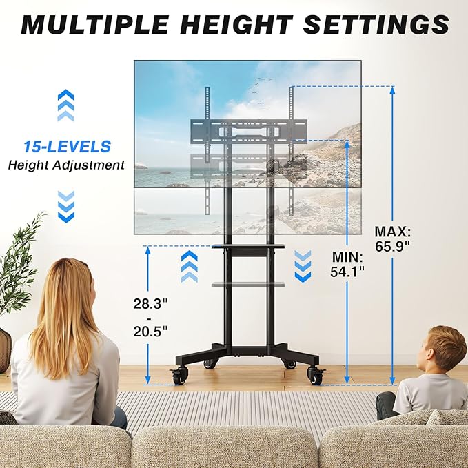 Rolling TV Stand with Shelf for 32-85 inch TVs up to 150lbs, Portable Mobile TV - Image 4