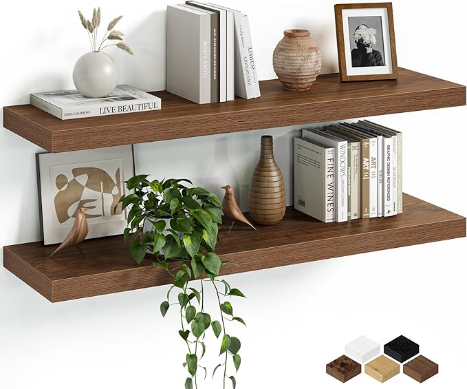 Fun Memories Floating Shelves for Wall, 32 Inch Set of 2 Rustic Wood Wall by FunMemories