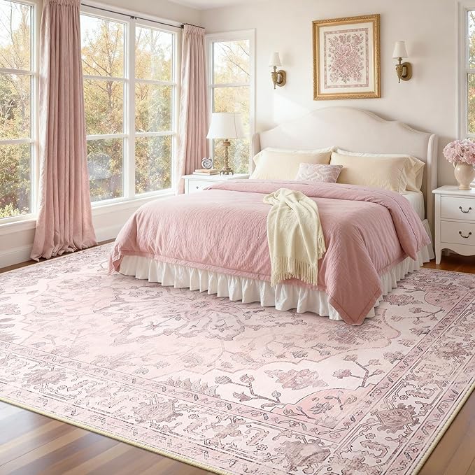 RELEANY Area Rugs 8'x10' Washable Non-Slip, Floral Vintage Distress Print by RELEANY