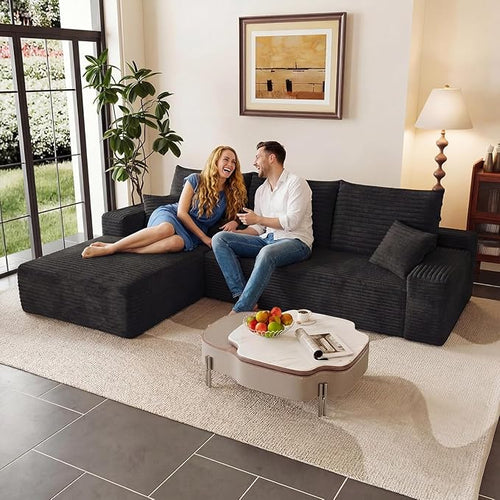 107.5" Cloud Sectional Couch L-Shaped Chaise, Comfy Corduroy Boneless Couch by ODUWA