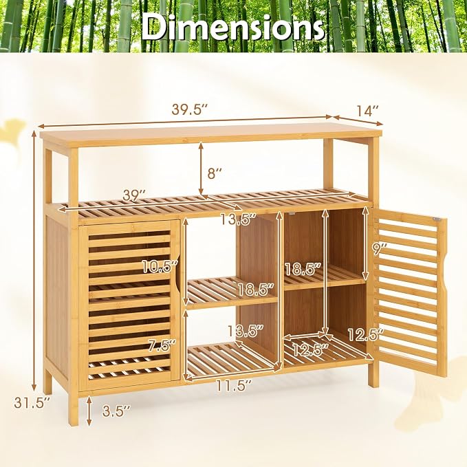 Giantex Bamboo Bathroom Storage Cabinet, 2-Door Storage Organizer - Image 3