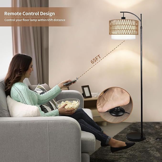 ZECOXOL Arc Floor Lamp with Table and Shelves, Rattan Boho Floor Lamp with - Image 4