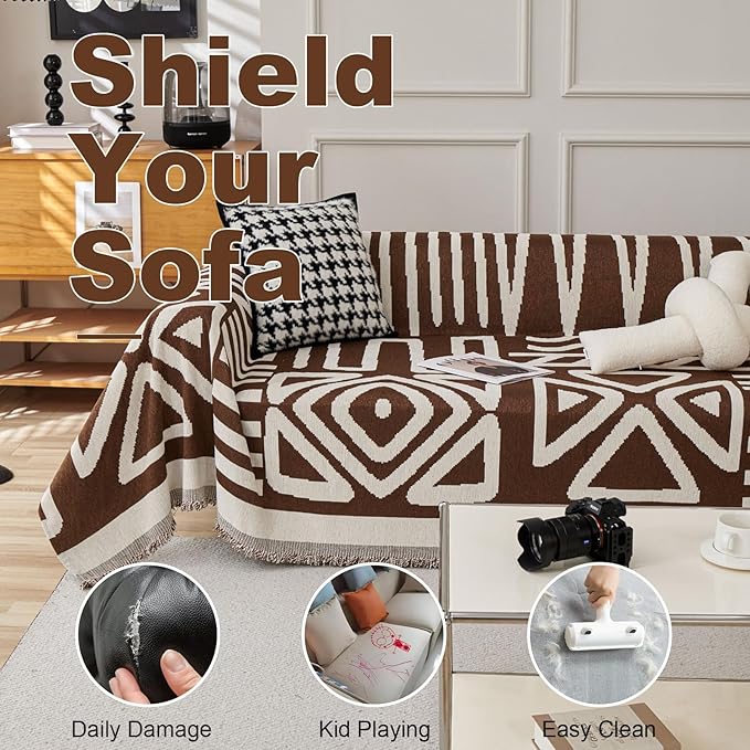 VClife Boho Couch Cover, Reversible Brown Geometric Checkered Sofa Cover - Image 5