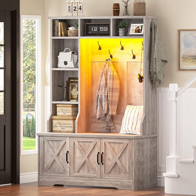 CSZZD Hall Tree with Bench and Shoe Storage, Farmhouse Entryway Bench with Coat - Image 8