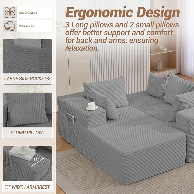 105'' Cloud Sectional Couch, Modular L-Shaped Boneless Sectional Sofa, Corduroy - Image 4