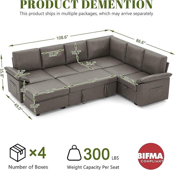 108 Inch Faux Leather Modular Sectional Sofa - Image 3