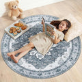 RELEANY Area Rugs Round 4ft Washable Non-Slip, Floral Vintage Distress Print by RELEANY