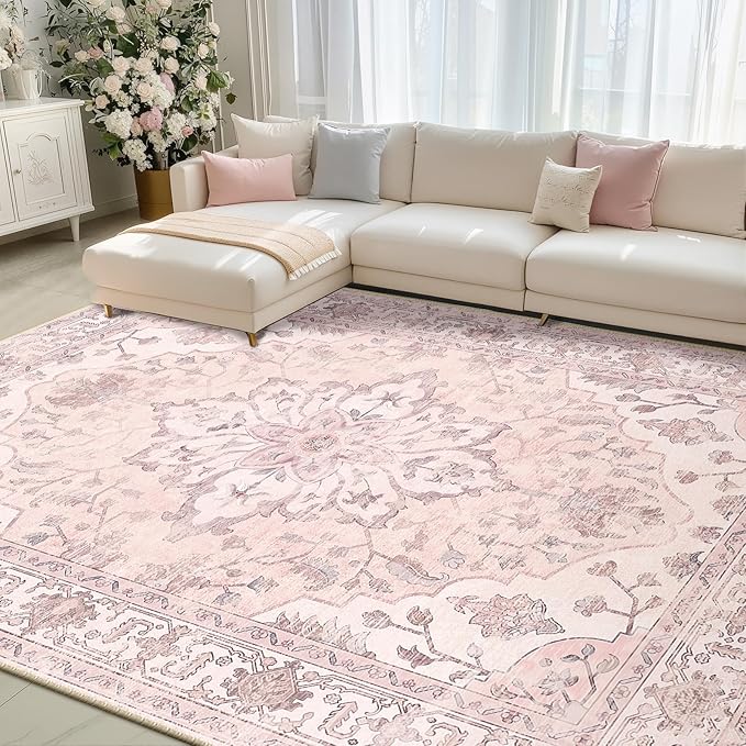 RELEANY Area Rugs 8'x10' Washable Non-Slip, Floral Vintage Distress Print - Image 2