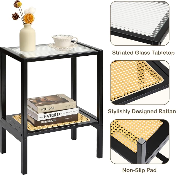2-Tier Bamboo Side Table, Modern Glasstop Rattan Side Table, Mid Century Wood - Image 3