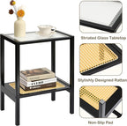 2-Tier Bamboo Side Table, Modern Glasstop Rattan Side Table, Mid Century Wood - Image 3