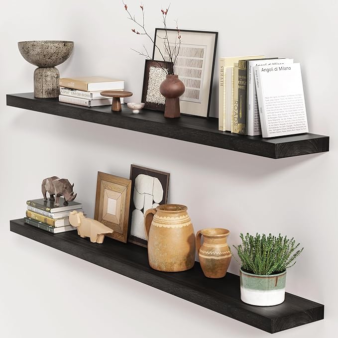 fuqing Black Floating Shelves 48 Inch, Solid Wood Wall Mounted Shelves Set of 2 by Fuqing