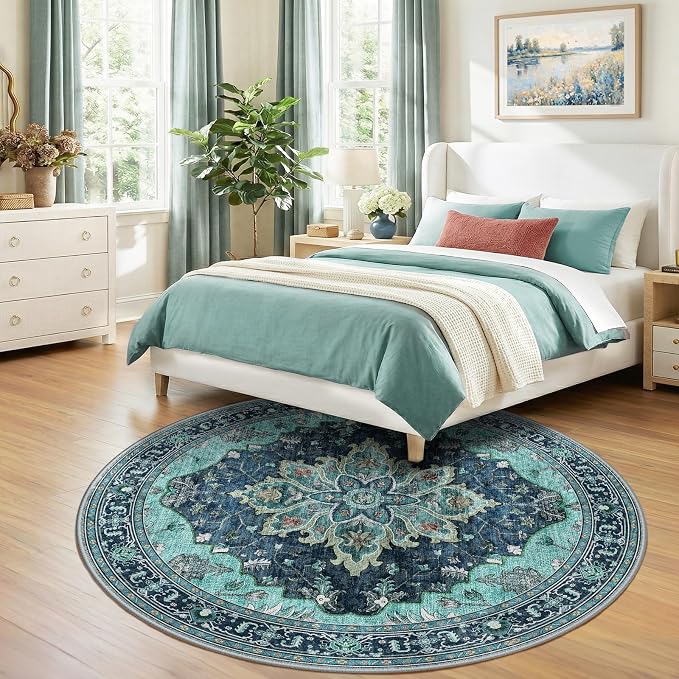 RELEANY Area Rugs Round 7ft Washable Non-Slip, Floral Vintage Distress Print - Image 2