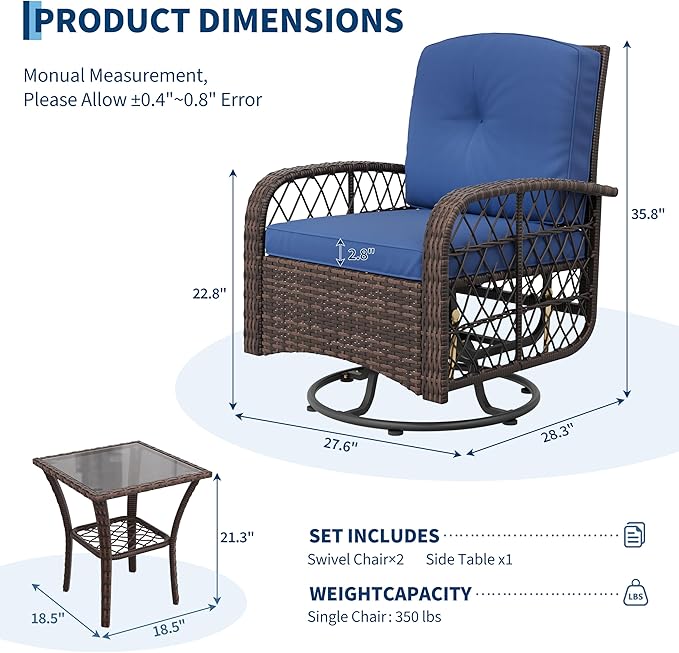 3-Piece Outdoor Patio Furniture Set, 2 Swivel Rocking Chairs and Tempered Glass - Image 2