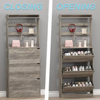 BORNOON Shoe Cabinet with 3 Flip Drawers & Coat Rack, Narrow Hidden Shoe - Image 5