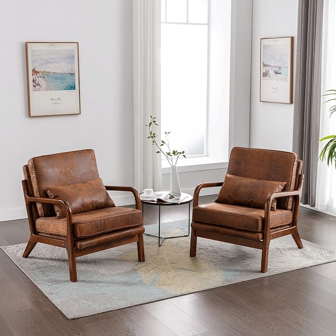 Mid Century Modern Accent Chair Set of 2 Living Room- Comfy Solid Wood Arm Chair - Image 10
