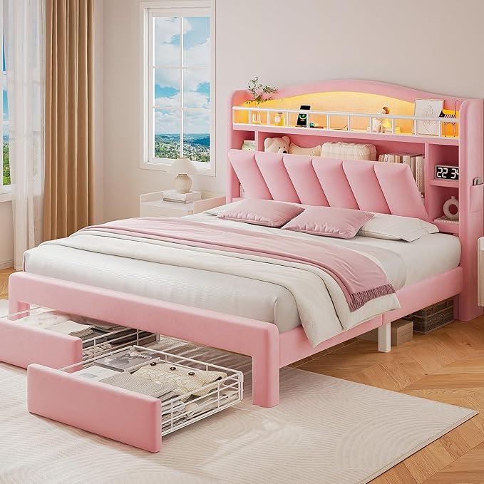 Queen LED Bed Frame with Storage Headboard & 2 Storage Drawers, Princess Velvet by JOCOEVOL