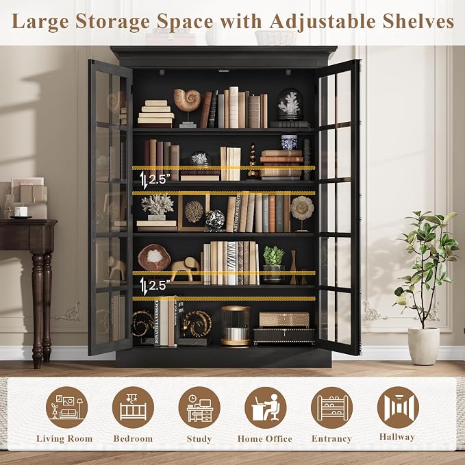 QUW Modern 65" Tall Display Cabinet, Farmhouse Curio Cabinets - Image 6