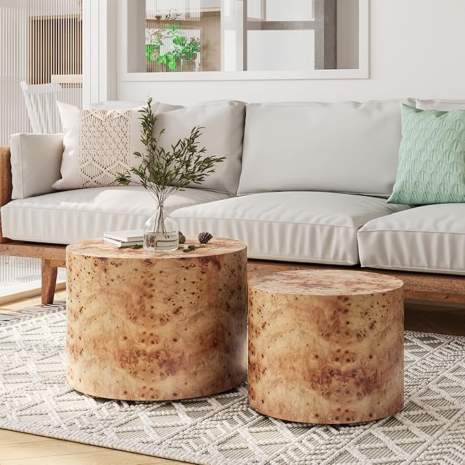 Nesting Coffee Table Set of 2 for Living Room, Modern Round Wooden Circle by HanStrong