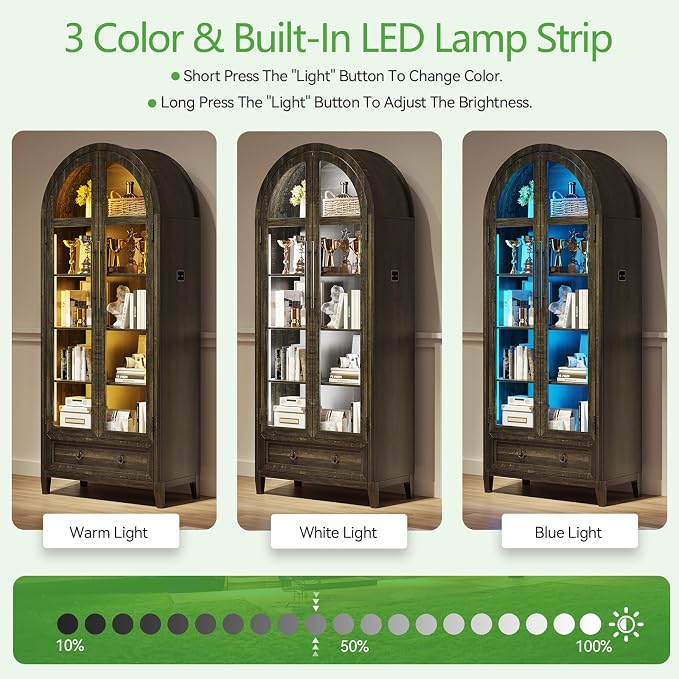 HNEBC Book Shelf with LED Lights, Arched Display Case with Storage Cabinet - Image 6