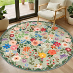 Round Area Rug for Living Room: 4 ft Floral Washable Circle Rug Soft Boho by PLHXFRSoftAreaRugs