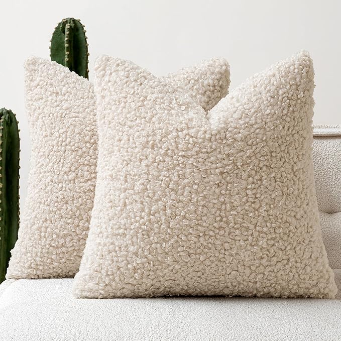 Faux Fur Throw Pillow Covers 18x18 Inch Set of 2 Boucle Neutral Decorative by Woaboy