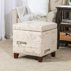 Adeco Fabric Script Pattern Cube Storage Footstool, Hinged Lid, Solid Wood Legs - Image 7