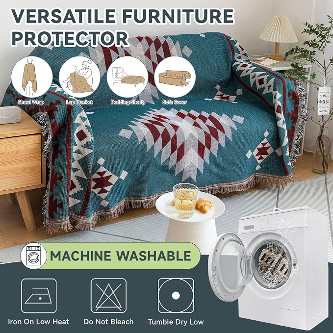 VClife Boho Couch Cover Soft Cotton Linen Blue Red Gray Triangle Plaid - Image 6