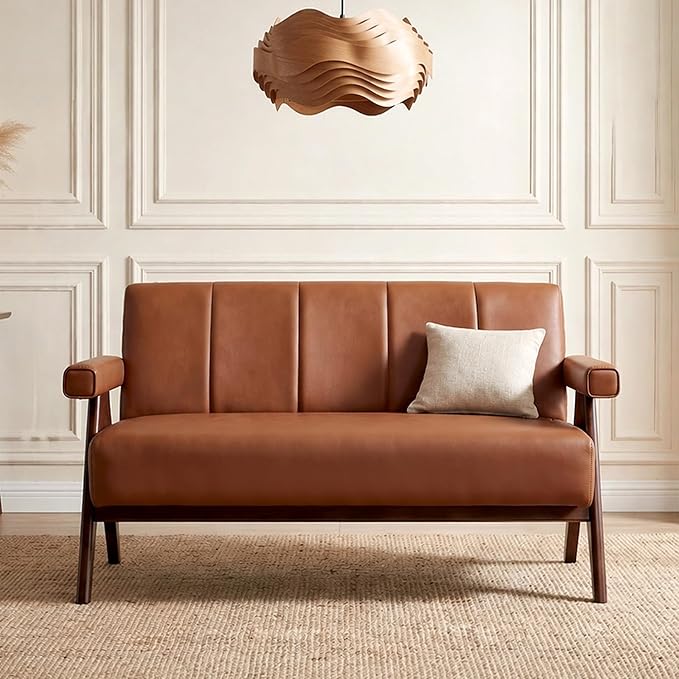 STHOUYN Brown Leather Loveseat Sofa and Accent Chair, Mid-Century Modern Office - Image 7