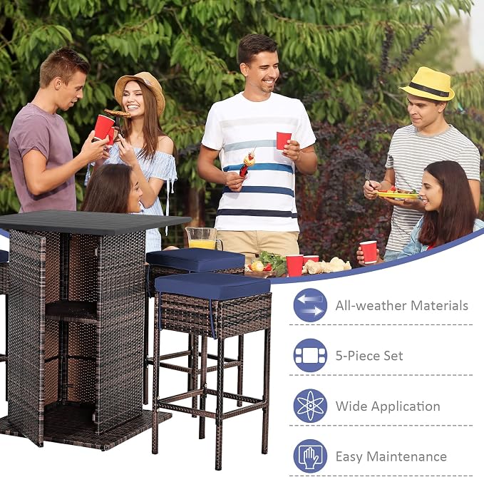Tangkula 5 Piece Outdoor Rattan Bar Set, Patio Bar Furniture - Image 8