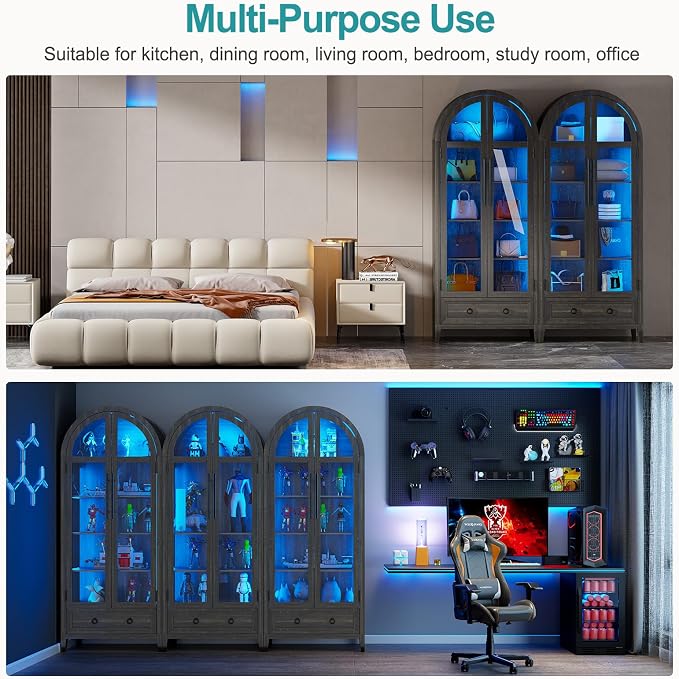 HNEBC Book Shelf with LED Lights, Arched Display Case with Storage Cabinet - Image 3