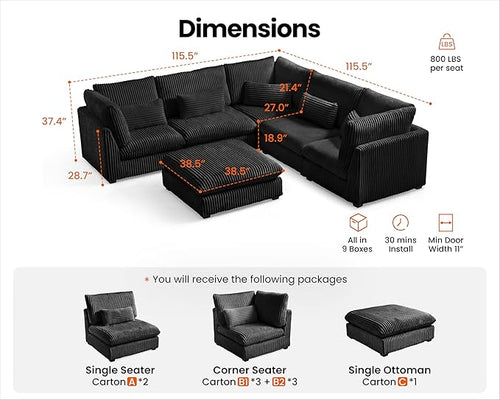 115" Oversized Corduroy Couch Modular Sectional Sofa, Washable Cloud Couch - Image 2