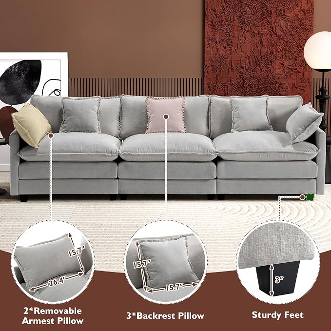 Ihanherry 111.4 Inch 3-Seater Cloud Sofa, Modular Sectional Couch, Modern Deep - Image 6