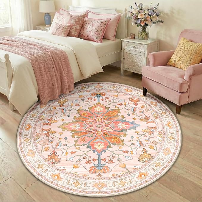 RELEANY Area Rugs Round 5ft Washable Non-Slip, Floral Vintage Distress Print by RELEANY