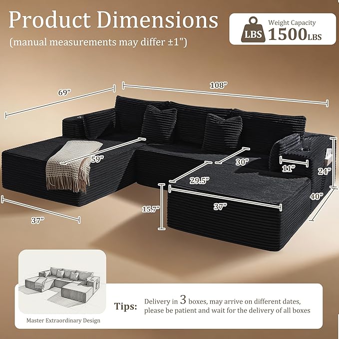 108" Oversized Cloud Sectional Couch, Comfort U Shaped Boneless Couch - Image 2