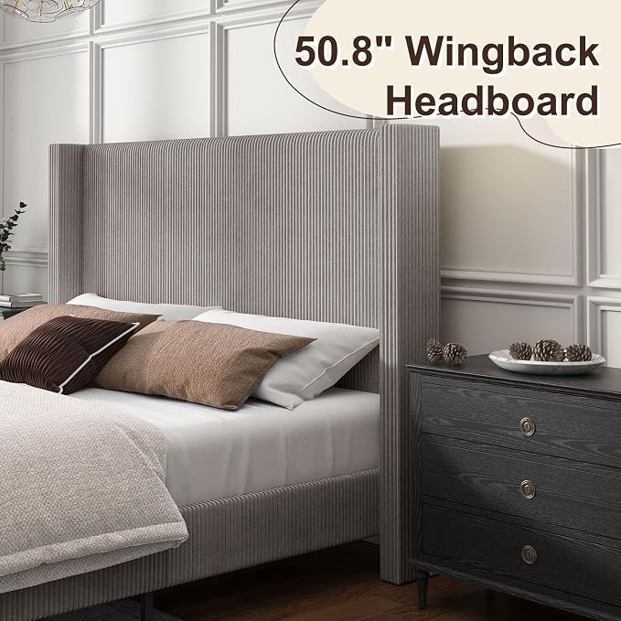 HOWE King Size Bed Frame with 50.8" Tall Wingback Headboard, Modern Corduroy - Image 5