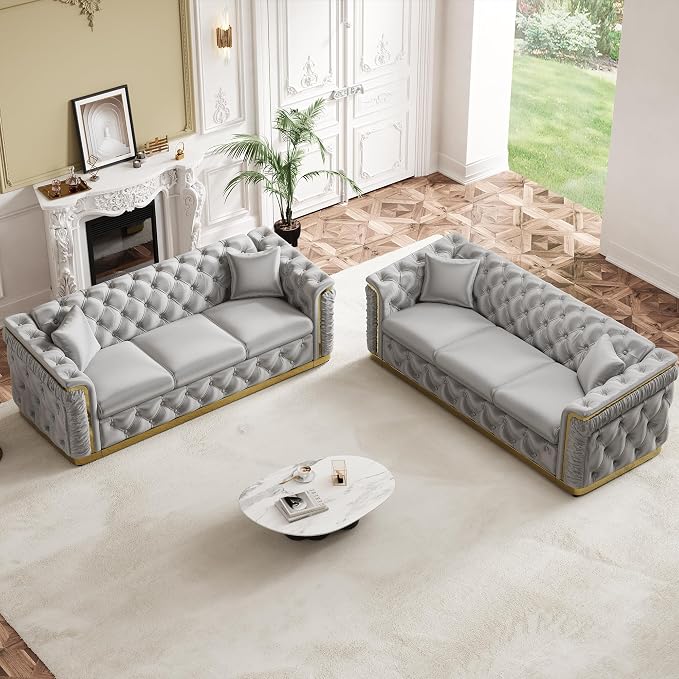 Luxury Chesterfield Sofa Set of 2, Velvet Tufted Couch Victorian Black and Gold by Nolohoo