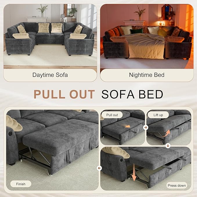 Hanherry Sectional Couch with Pull Out Sofa Bed, Chenille Sleeper Sofa with 2 - Image 3