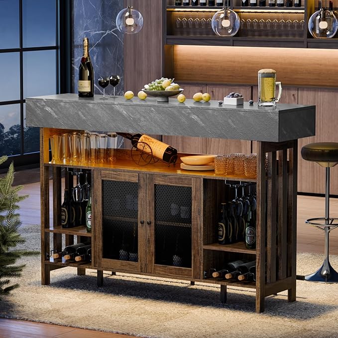 Loomie Bar Table Cabinet with Grey Marble Top & LED Lights & 2 Drawers - Image 3
