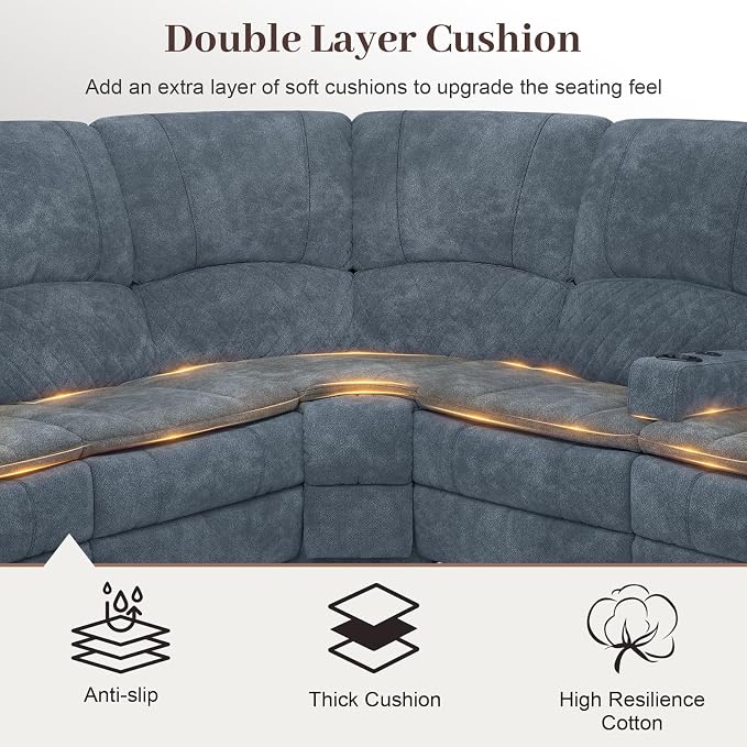 Yolsali Manual Reclining Sectional Sofa Set, 7 Seats Soft Fabric Recliner - Image 4