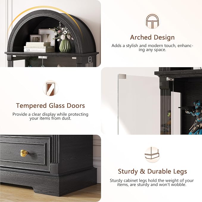 Black Curio Cabinet with Glass Doors, 4-Tier Display Case - Image 6