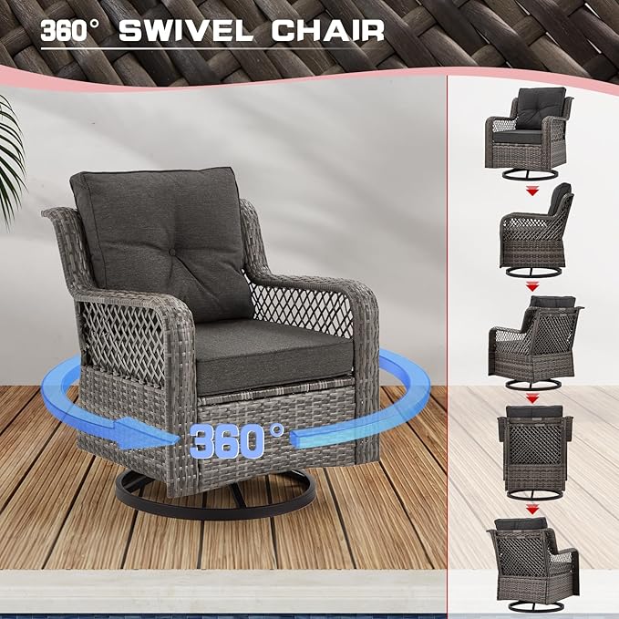 6 Pieces Wicker Patio Furniture Set Conversations Sets, 2 Outdoor 360° Swivel - Image 2