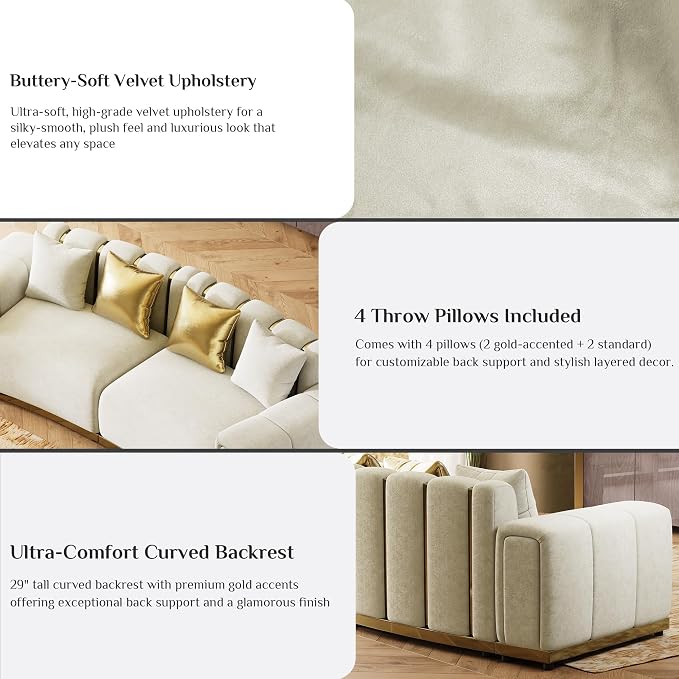 Oversized Chesterfield Sofa Set Luxury Velvet Couch Vintage Tufted Couch Beige - Image 4