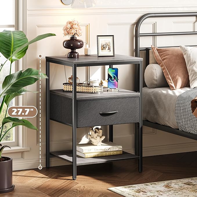 SUPERJARE Night Stand with Charger Station, 27.7 Inch Tall Nightstand with - Image 2