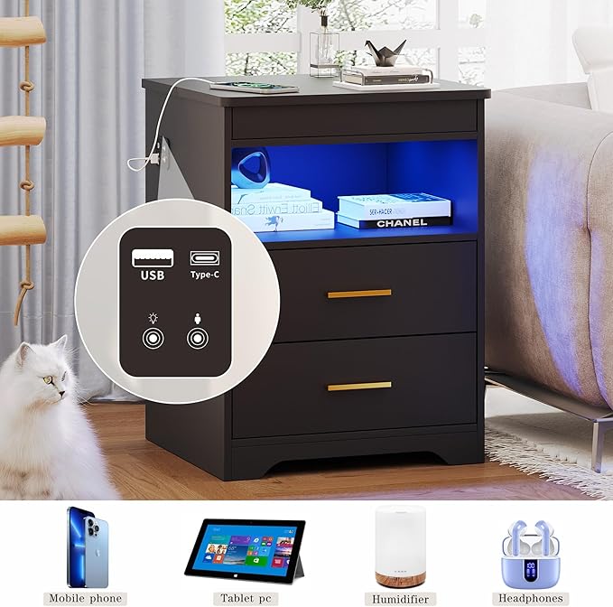 Night Stand with Gun Drawer, Charging Bedside Table with USB & Type-C Port - Image 6