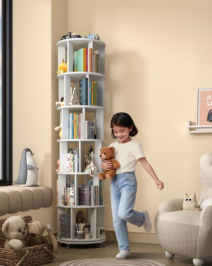 6-Tier Solid Wood Rotating Bookshelf on Wheels, 360° Spinning Book Shelf Tower - Image 8