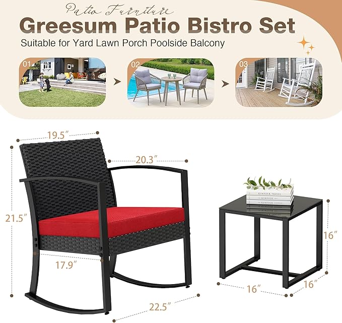 Greesum 3 Piece Patio Furniture Set, All-Weather Imitation Rattan Conversation - Image 7