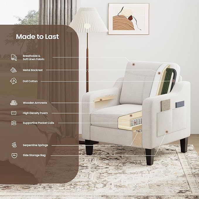 Accent Chair for Living Room Modern Linen Upholstered Armchair Side Wooden - Image 9