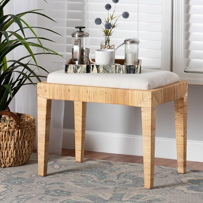 Modern Bohemian Natural Brown Rattan and Mahogany Wood Ottoman Cream Eclectic by Unknown