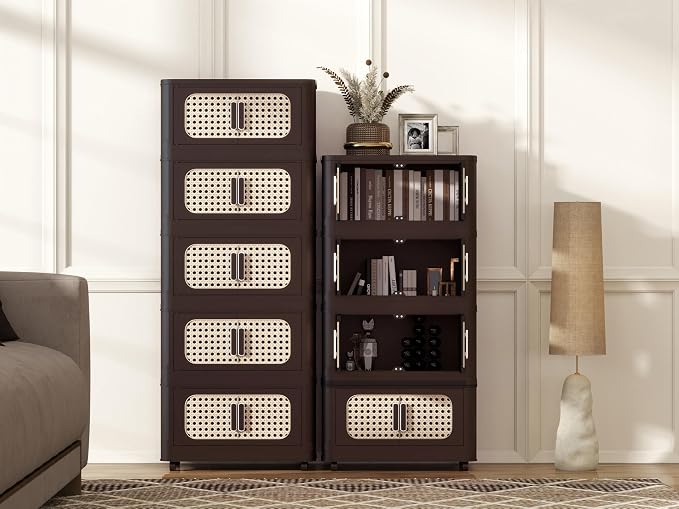 Folding Storage Cabinet with Wheels, 5-Tier Narrow Retro Brown Storage Tower - Image 3