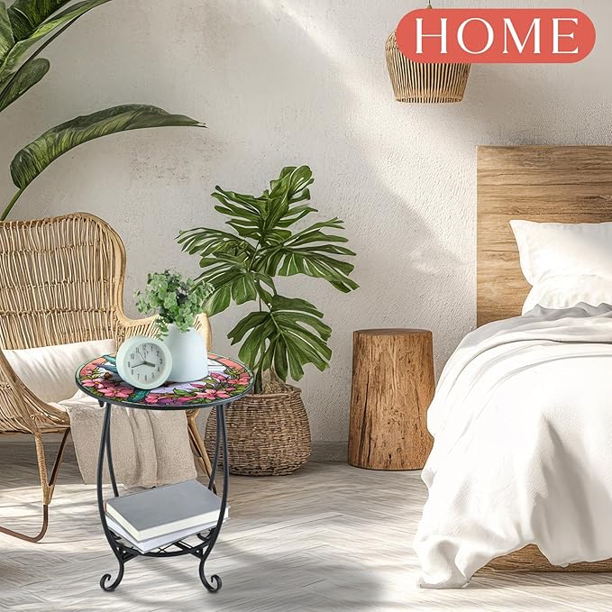 Cinnvoice Outdoor Side Table Round Small Mosaic Patio Accent Indoor End Plant - Image 5